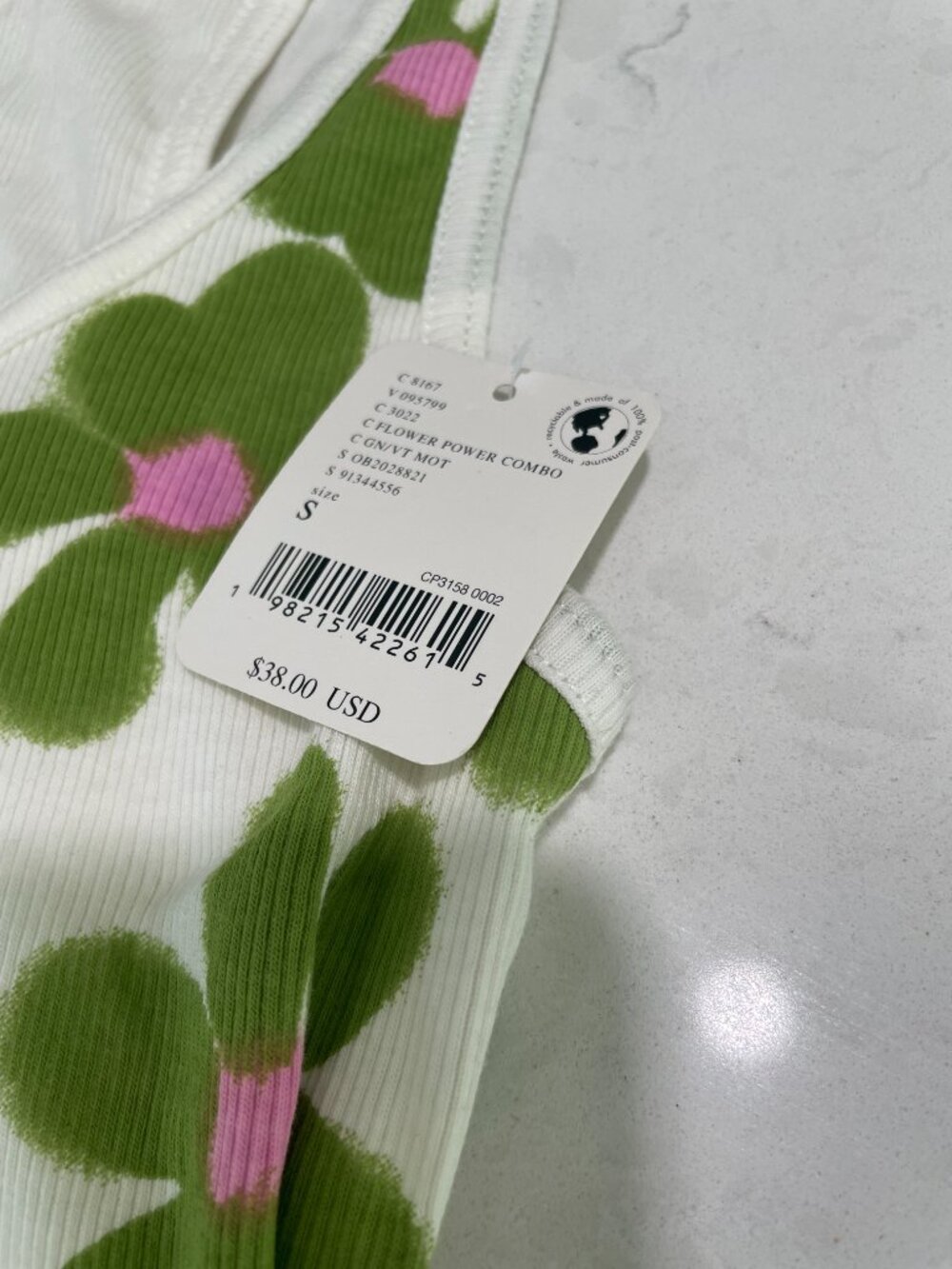 Floral Ribbed Racerback Tank Top - White with Green & Pink Flowers - Picture 8 of 12